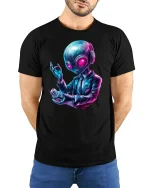 Neon Galaxy Alien T-Shirt Futuristic Space Art Style - model wearing black tee with hands behind back