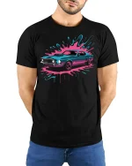 Retro Muscle Car T-Shirt Neon Splash Streetwear Style - model wearing black tee with hands behind back