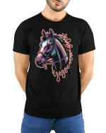 Colorful Horse Head T-Shirt Artistic Neon Graphic Tee - model wearing black tee with hands behind back