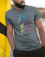 Neon Chess Knight T-Shirt Artistic Strategy Game Tee - model wearing grey tee, leaning on column