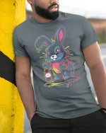 Neon Bunny Lantern T-Shirt Cute Trippy Glow Design - model wearing grey tee, leaning on column