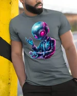 Neon Galaxy Alien T-Shirt Futuristic Space Art Style - model wearing grey tee, leaning on column
