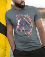 Colorful Horse Head T-Shirt Artistic Neon Graphic Tee - model wearing grey tee, leaning on column