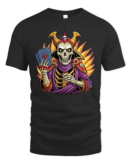 Skeleton Wizard T-Shirt Magic Card Master Graphic - black t-shirt on white background