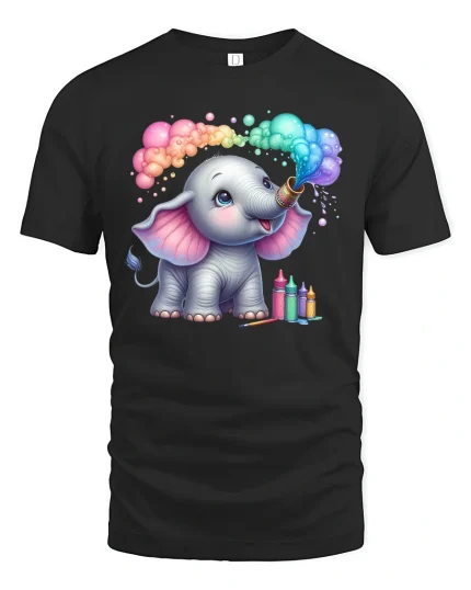 Cute Baby Elephant T-Shirt Rainbow Paint Splash Art - black t-shirt on white background