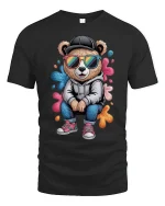 Cool Hoodie Bear T-Shirt Funny Urban Street Style Tee - black t-shirt on white background