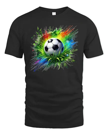 Soccer Explosion T-Shirt Colorful Energy Game Tee - black t-shirt on white background