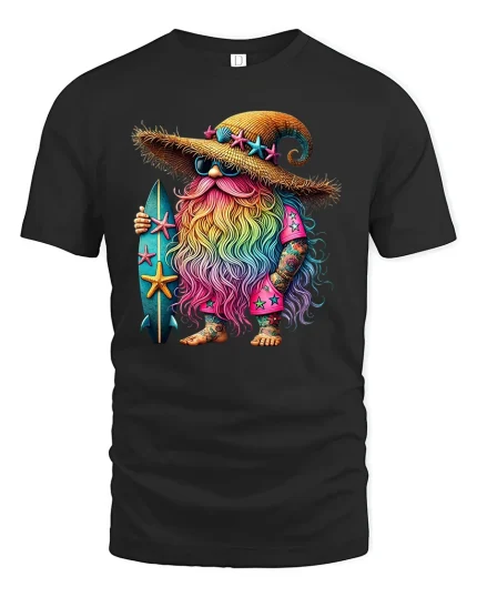 Surf Wizard T-Shirt Rainbow Beard Magic Beach Vibes - black t-shirt on white background
