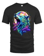 Neon Howling Wolf T-Shirt Cosmic Moon Art Graphic - black t-shirt on white background