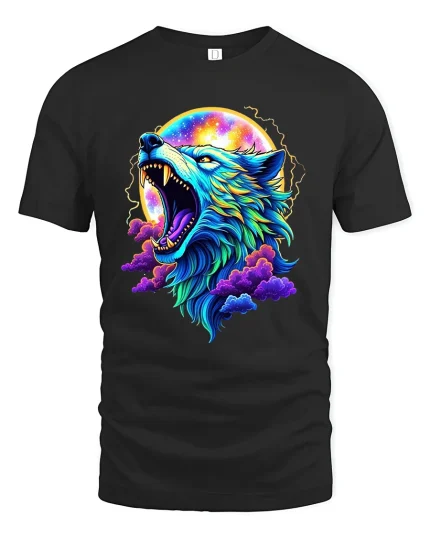 Neon Howling Wolf T-Shirt Cosmic Moon Art Graphic - black t-shirt on white background