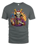 Skeleton Wizard T-Shirt Magic Card Master Graphic - gray t-shirt on white background