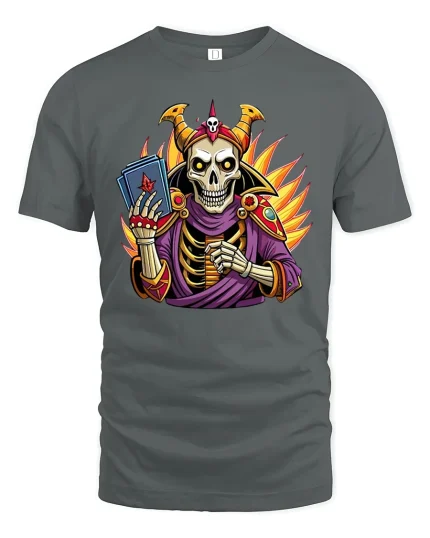 Skeleton Wizard T-Shirt Magic Card Master Graphic - gray t-shirt on white background