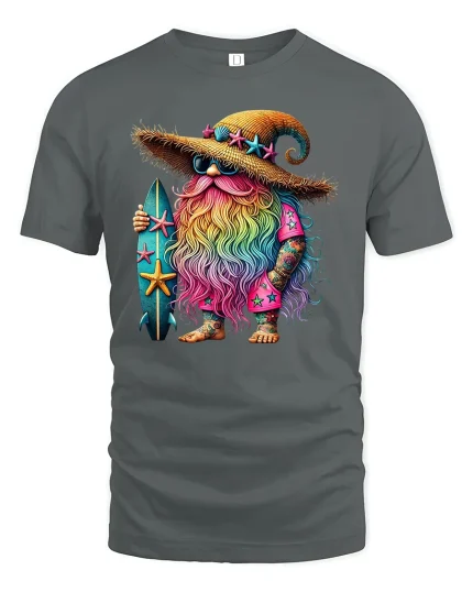 Surf Wizard T-Shirt Rainbow Beard Magic Beach Vibes - gray t-shirt on white background