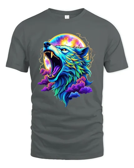 Neon Howling Wolf T-Shirt Cosmic Moon Art Graphic - gray t-shirt on white background