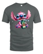 Funny Pink Alien Drinking T-Shirt Party Mood Graphic - gray t-shirt on white background