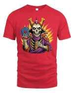 Skeleton Wizard T-Shirt Magic Card Master Graphic - red t-shirt on white background