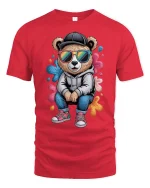 Cool Hoodie Bear T-Shirt Funny Urban Street Style Tee - red t-shirt on white background