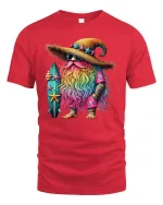 Surf Wizard T-Shirt Rainbow Beard Magic Beach Vibes - red t-shirt on white background