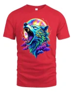 Neon Howling Wolf T-Shirt Cosmic Moon Art Graphic - red t-shirt on white background
