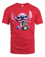 Funny Pink Alien Drinking T-Shirt Party Mood Graphic - red t-shirt on white background