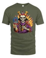 Skeleton Wizard T-Shirt Magic Card Master Graphic - military green t-shirt on white background