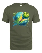 Pickleball T-Shirt Splash Art Funny Sports Graphic Tee - military green t-shirt on white background