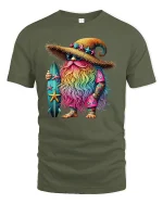 Surf Wizard T-Shirt Rainbow Beard Magic Beach Vibes - military green t-shirt on white background