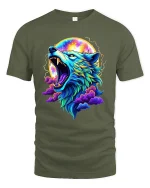Neon Howling Wolf T-Shirt Cosmic Moon Art Graphic - military green t-shirt on white background