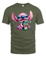 Funny Pink Alien Drinking T-Shirt Party Mood Graphic - military green t-shirt on white background