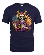 Skeleton Wizard T-Shirt Magic Card Master Graphic - navy t-shirt on white background