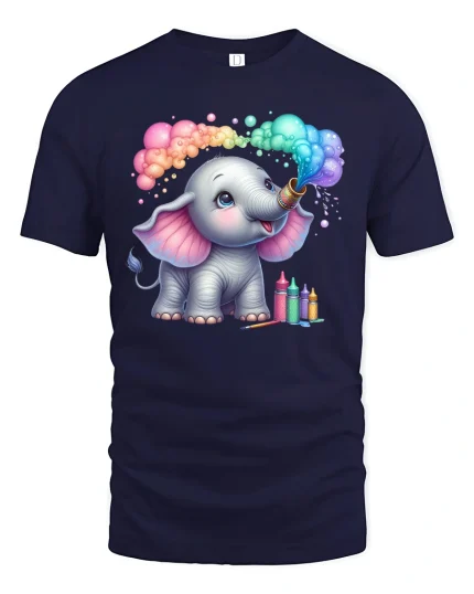 Cute Baby Elephant T-Shirt Rainbow Paint Splash Art - navy t-shirt on white background
