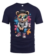 Cool Hoodie Bear T-Shirt Funny Urban Street Style Tee - navy t-shirt on white background