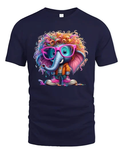 Funky Elephant T-Shirt Funny Retro Colorful Style Tee - navy t-shirt on white background