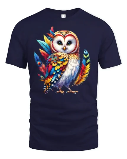 Colorful Owl T-Shirt Vibrant Feathers Graphic Tee - navy t-shirt on white background