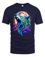 Neon Howling Wolf T-Shirt Cosmic Moon Art Graphic - navy t-shirt on white background