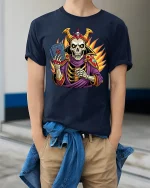 Skeleton Wizard T-Shirt Magic Card Master Graphic - model wearing navy tee with hands in pockets