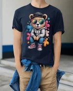 Cool Hoodie Bear T-Shirt Funny Urban Street Style Tee - model wearing navy tee with hands in pockets