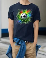 Soccer Explosion T-Shirt Colorful Energy Game Tee - model wearing navy tee with hands in pockets