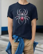 Cyber Spider T-Shirt Futuristic Mech Arachnid Design - model wearing navy tee with hands in pockets