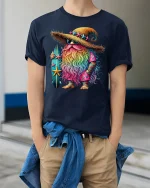 Surf Wizard T-Shirt Rainbow Beard Magic Beach Vibes - model wearing navy tee with hands in pockets