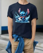 Cute Blue Alien Soccer T-Shirt Funny Sporty Style - model wearing navy tee with hands in pockets