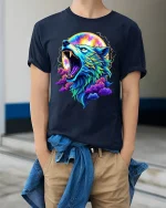 Neon Howling Wolf T-Shirt Cosmic Moon Art Graphic - model wearing navy tee with hands in pockets