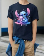 Cute Blue Alien Hug T-Shirt Adorable Family Design - model wearing navy tee with hands in pockets