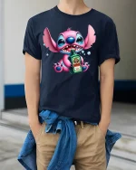 Funny Pink Alien Drinking T-Shirt Party Mood Graphic - model wearing navy tee with hands in pockets