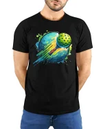 Pickleball T-Shirt Splash Art Funny Sports Graphic Tee - model wearing black tee with hands behind back