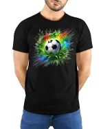 Soccer Explosion T-Shirt Colorful Energy Game Tee - model wearing black tee with hands behind back
