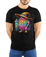 Surf Wizard T-Shirt Rainbow Beard Magic Beach Vibes - model wearing black tee with hands behind back