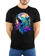 Neon Howling Wolf T-Shirt Cosmic Moon Art Graphic - model wearing black tee with hands behind back
