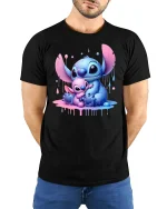 Cute Blue Alien Hug T-Shirt Adorable Family Design - model wearing black tee with hands behind back