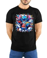 Cute Blue Alien School T-Shirt Funny Teacher Gift - model wearing black tee with hands behind back